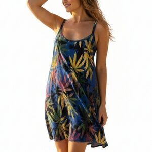 Cannabis Batik Beach Dress Tropical Earth Tone Boho Hawaiian Maxi Size M